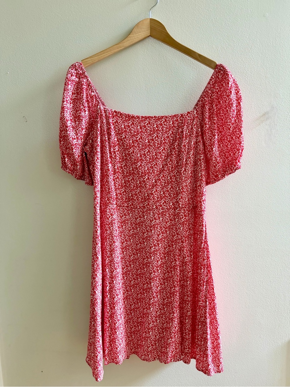 Red Floral Puff-Sleeve Square Neck Dress